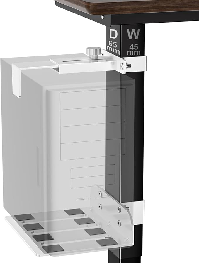 Under Desk PC Mount - No Drilling 40lb Capacity, Computer Holder Under Table, Adjustable Height and Width, Clamp-on Leg PC Mount for Standing Desks(Fits 65mm×45mm Legs only), with Non-Slip Pads, White