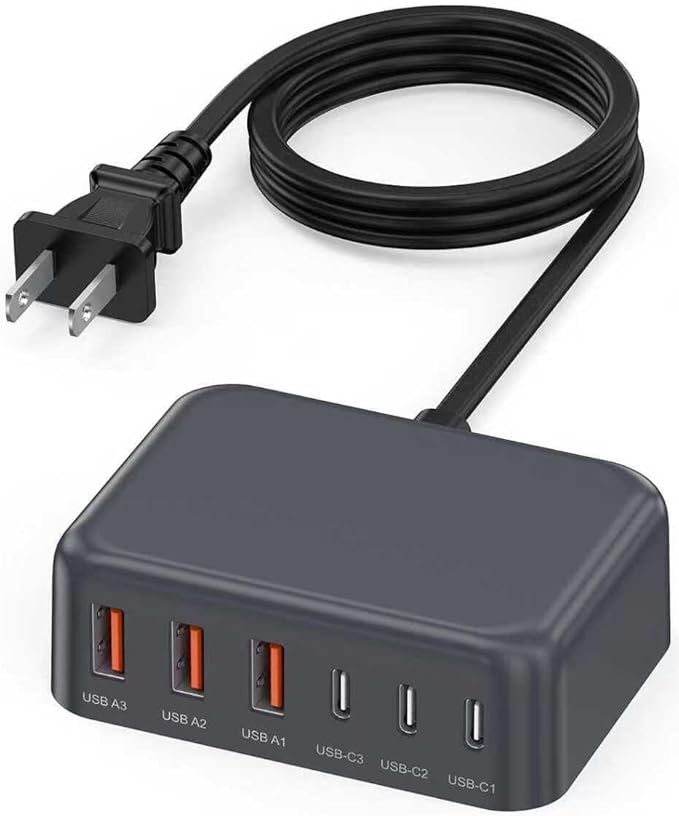 6 in 1 USB Charger, Charging Station for Multiple Devices, 100W Fast Charging Blocks with Type C Ports, USB Charging Hub Organizer Multiport Power Strip for iPhone, Ipad, Kindle, Travel Accessories