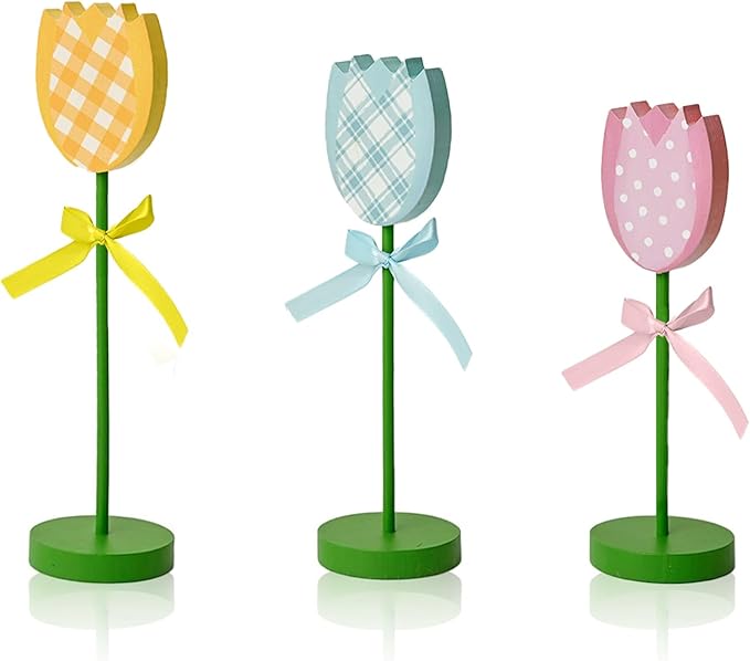 Smile 3Pcs Spring Tulip Wooden Signs - Rustic Farmhouse Floral Tabletop Insert Decor, Colorful Plaid Floral Block Tabletop Plaques for Home Decor