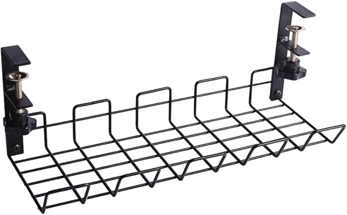 Under Desk Cable Management Tray Wire Organizer, 37 x 14.5 x 14.5 cm, Carbon Steel Mesh Rack with Clamp-On Design, No Drilling Required