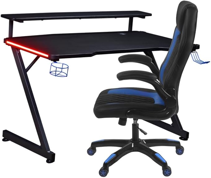 Aon Gaming Desk & Gaming Chair Set – LED Carbon Fiber Desk with Riser Shelf and Ergonomic Racing-Style Gaming Chair, Black/Blue