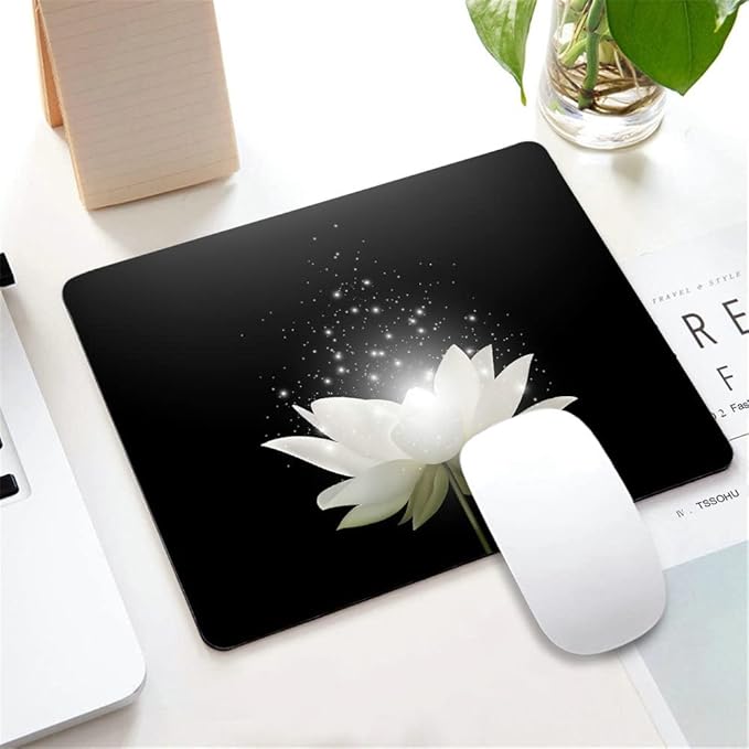 Floral Mouse Pad, Magic White Lotus Flower on Black Background Customized Non-Slip Rubber Base Mousepads, Computer Mouse Pads for Wireless Mouse 9.5×7.9×0.12 inches
