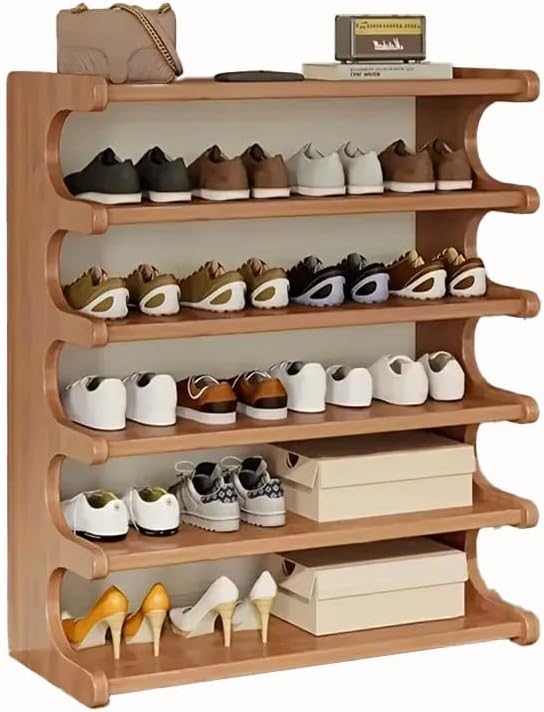 5-Tier Wooden Shoe Rack, Freestanding Shoe Storage Organizer with Display Shelf, Space-Saving Multi-Layer Design, Wood Grain Finish, 27.55 x 9.05 x 26.77 Inches (5)