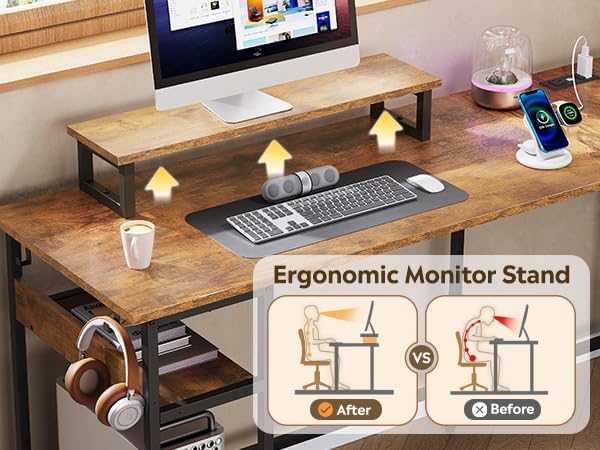 DEVAISE 60 Inch L Shaped Gaming Desk with Drawers and Storage, Corner Desk with LED Lights, Power Outlets, Computer Desk with Monitor Stand, Office Desk for Home, with Hutch, Rustic Brown