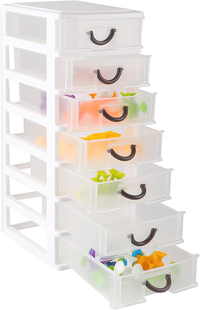 Rempry 7.1"x5.1"x13.2" Mini Organizer Box Storage Container Case with 7 Clear Desktop Drawer Units,White