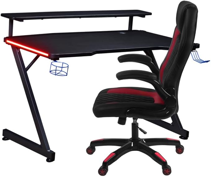 Aon Gaming Desk & Gaming Chair Set – LED Carbon Fiber Desk with Riser Shelf and Ergonomic Racing-Style Gaming Chair, Black/Red