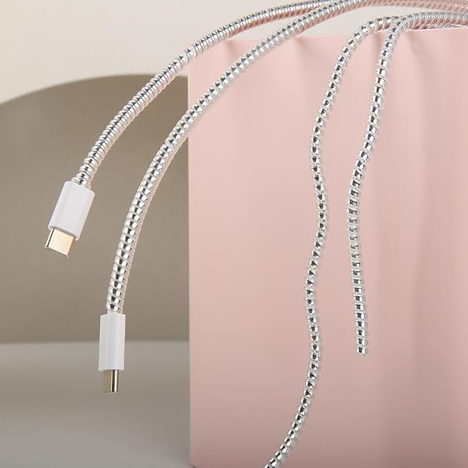 4.8M(15.75FT) Spiral Cable Protector, Multicolor Suitable for Most Phone/Pad/Laptop USB Wire Cord Savers Protection Cover Anti-Break Wrap Charger Data Line Cables Sleeves, Laser Silver