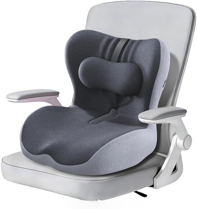 Adjustable Seat Cushion & Lumbar Support Pillow Set for Office Chair, Ergonomic Pillow for Sciatica Pain Relief, Memory Foam Back Support Pillow & Chair Cushion for Car seat, Desk Chair (black,grey)