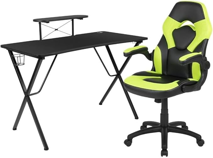 BOWERY HILL 2 Piece Gaming Desk Set with Chair, Black Laminate Desk Top, Green Mesh Inserts, Monitor Stand, Cup Holder, Headset Hook, Ergonomic Chair, Tilt Lock, Contemporary Design for Gamers