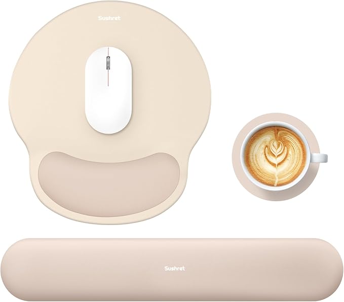 Sushret Mouse Pad and Keyboard Wrist Rest, 3-in-1 Gel Memory Foam Ergonomic Mouse Pad with Wrist Rest Set, Gaming Mousepad Arm Cushion Support for Computer Office Desk Accessories Cute Setup,Apricot