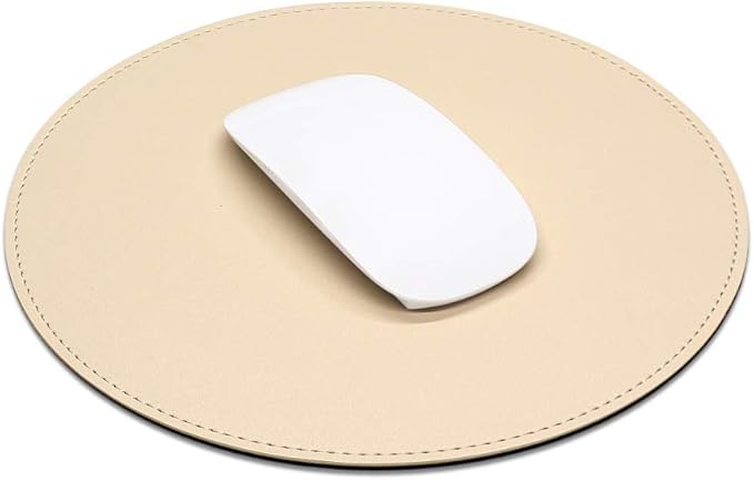 ProElife Cute Round Mouse Pad Mat Waterproof PU Leather 8.66-Inch Mousepad with Anti-Skid Base Stitched Edge for Home Office Gaming Computer Laptop Accessories (Apricot)