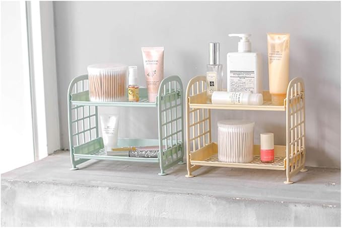 UnnFiko 2-Layers Table Shelf Organizer, Adjustable Plastic Storage Rack Shelf Square Basket Desk Stand Table Storage Organizer Shelves (Green)