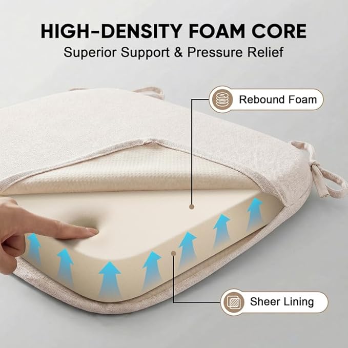 Chair Cushions Set of 2, D-Shaped Seat Cushion for Chair, Non Slip Chair Pads with Ties, 18" x 16" x 2", 40D Foam, Removable Washable Cover, Seat Cushions for Kitchen Chairs, Beige