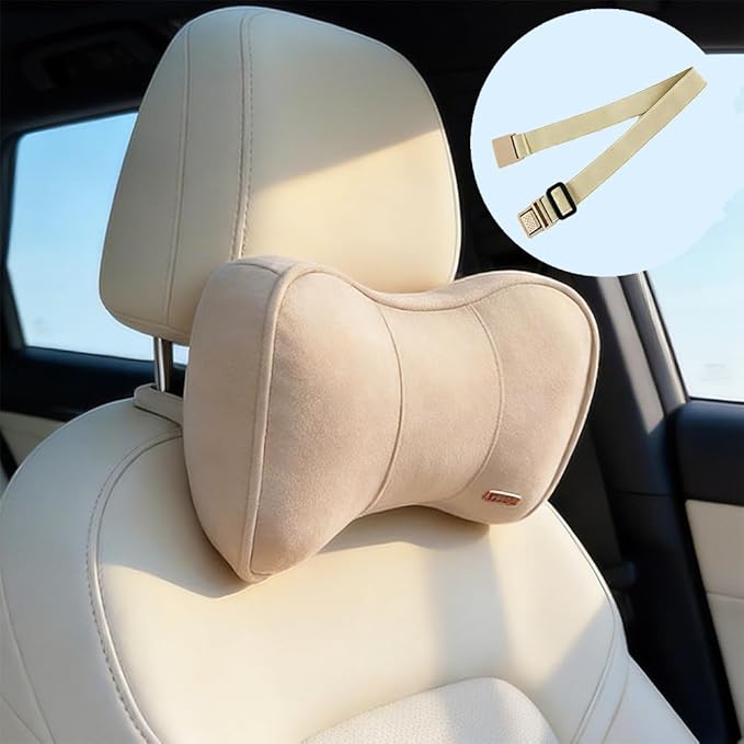 Carwales Car Neck Cushion Recliner Headrest Pillow for Office Chair Couch Memory Foam Lower Back Support Lumbar Pain Relief Ergonomic Design Extension Adjustable Strap Fits Driving Car Tan 1 Pack