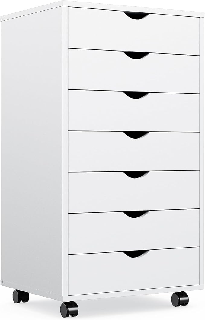 Sweetcrispy 7 Drawer Rolling Storage Cabinet, Wood Under Desk Mobile Dresser with Wheels, Small Organizer Chest for Home Office, Bedroom, Rolling Vertical Organizer for Home Office, White