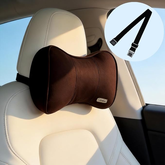 Carwales Car Neck Pillow for Travel Recliner Headrest Cushion Couch Office Chair Memory Foam Lower Back Support Lumbar Pain Relief Ergonomic Design Extension Adjustable Strap Driving Brown 1 Pack