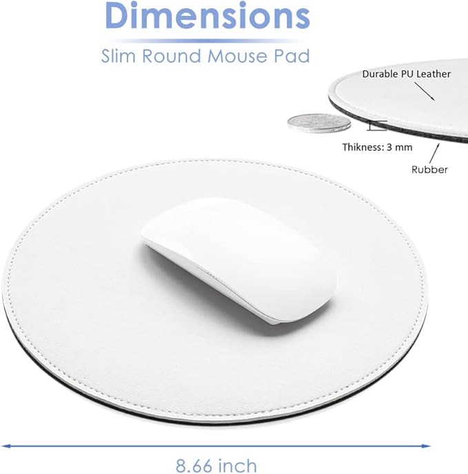 ProElife Round Mouse Pad Waterproof PU Leather Mouse Pad Cute Circular Mousepad 8.66-Inch Anti-Slip Mouse Mat Stitched Edges for Home Office Wireless Bluetooth/Wired Mouse Desk Accessories (White)