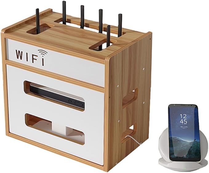 Wooden Router Shelf, Desktop WiFi Router Storage Box Modem Rack, Power Router Fences Standing Shelf Units, Cable Management Hider Box Organizer for Office and Home (Cherry Wood)