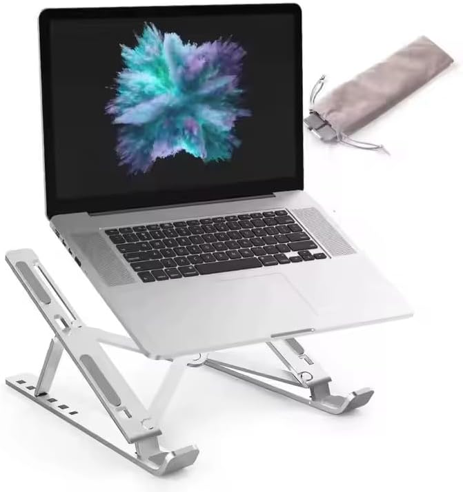 Adjustable Laptop Stand with Cleaning Brush – Aluminum Alloy Ergonomic Riser, Foldable & Portable Ventilated Notebook Holder for Desk, Fits Laptops up to 17.3" -(7 levels ) 23.6"MODEL (SILVER)