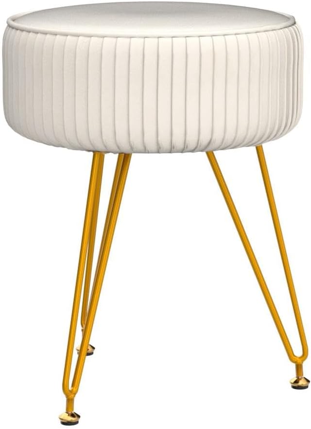 Velvet Vanity Stool, Modern Ottoman Foot Rest Stool with Adjustable Golden Legs, Makeup Chair for Vanity, Multifunctional Small Vanity Chair for Bedroom, Beige