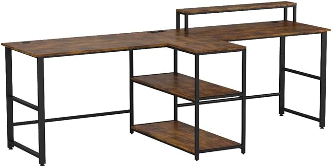 SEDETA 94.5" Home Office Desks, Computer Gaming Desk with Storage, LED Lights, Power Strip with USB, Keyboard Tray & Monitor Stand, Extra Long Double Desk for 2 Person, Rustic Brown