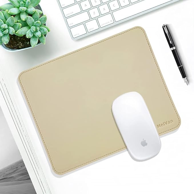 MelVan PU Leather Mouse Pad with Stitched Edge, Wood Mousepad, Waterproof Gaming Mouse Pad Mat for Computers, Laptop, Office & Home, 10.2" x 8.3", 1 Pack (Beige)