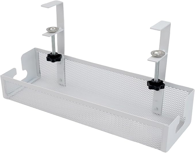 Cable Management Tray for Desk Clamp Mount Under Desk Wire Organizer in Carbon Steel for Home or Office No Drill Installation for Power Cords and Data Cables with Sleek Design(S-White)