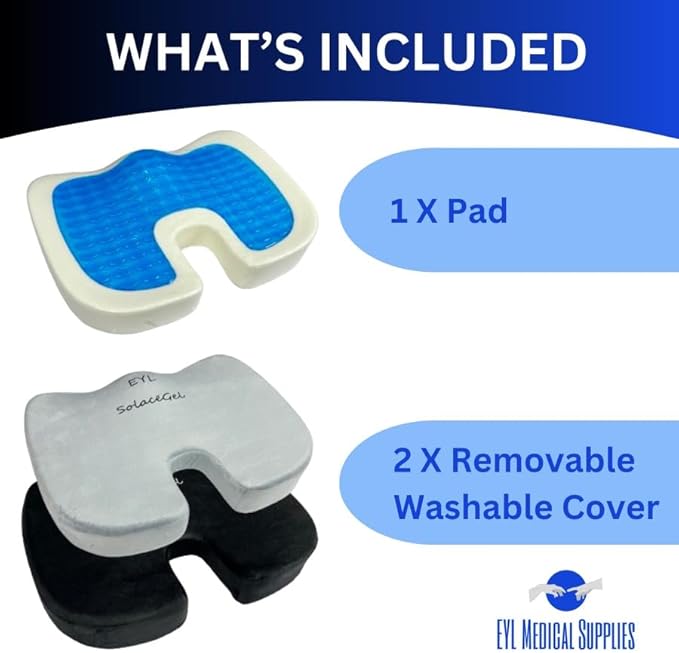 SolaceGel Enhanced Cooling Gel Cushion With Memory Foam Built In Handle – Lower Back Pain Relief – Improves Posture & Support – Multi Use – Office Chair, Car, Sporting Events, Gaming – Two Covers