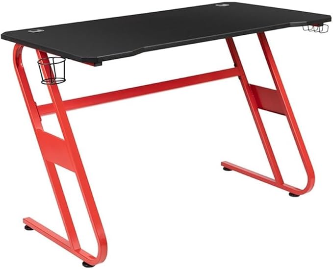 BOWERY HILL Gaming Desk and Racing Chair Set, Black Laminate Top, Red Powder Coated Frame, Pink Mesh Inserts, Dual Monitor Capacity, Ergonomic High Back Chair, Contemporary Style for Gamers