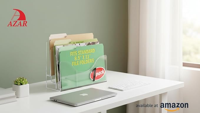 Azar Displays 250099 Three Tier File and Brochure Desktop Wall Organizer Holder with Dividers, Brochure Display Stand, Acrylic File Holder, Clear, 8.5" x 11"