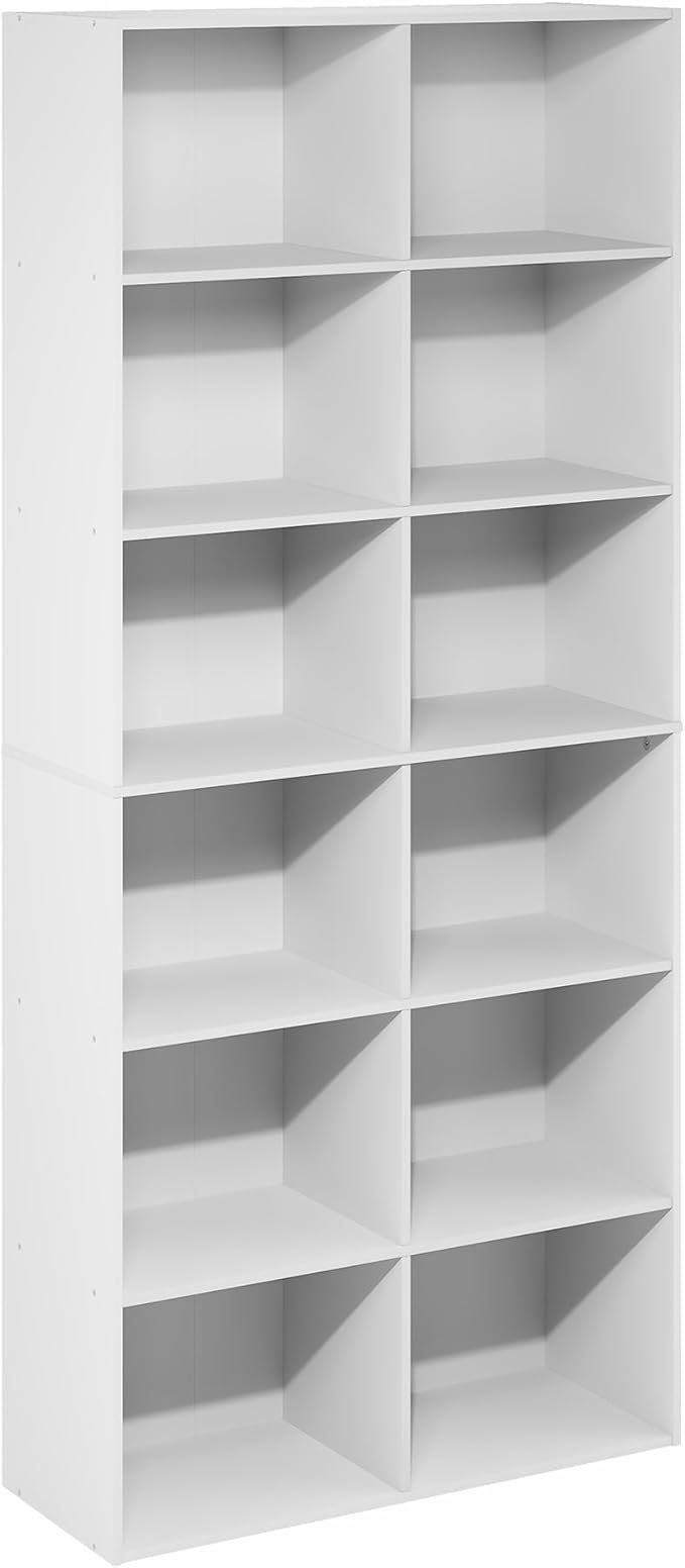 Furinno Basic Book Shelf, 12-Cube Bookshelf, Bookcase with Open Shelf, Cube Storage Organizer, 12 x 32 x 71, for Living Room, Home Office, White