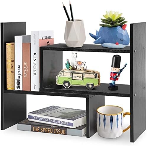 MMdipon Small Wood Adjustable Desktop Bookshelf, Expandable Storage Rack, Display Shelf, Office Supplies Organizer (Black)