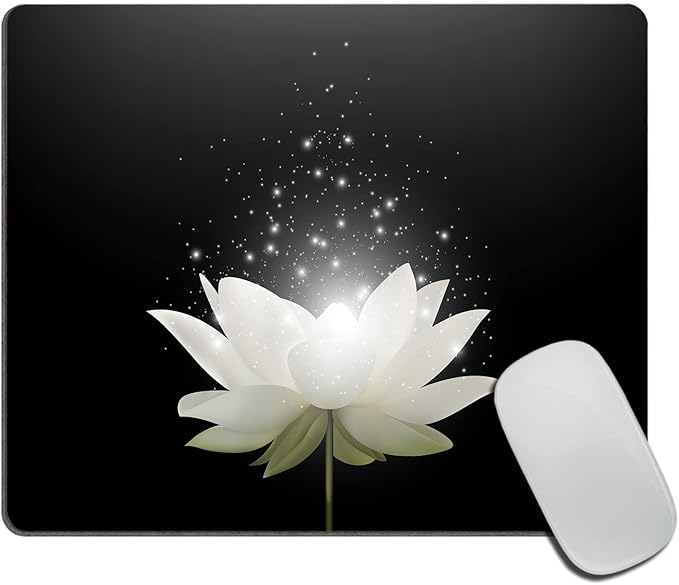 Floral Mouse Pad, Magic White Lotus Flower on Black Background Customized Non-Slip Rubber Base Mousepads, Computer Mouse Pads for Wireless Mouse 9.5×7.9×0.12 inches