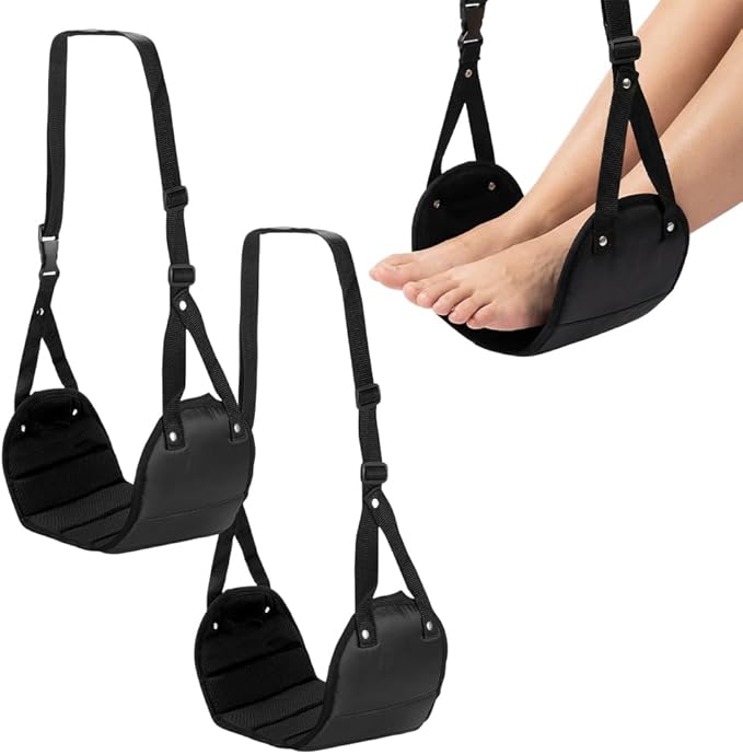 Airplane Foot Rest, Foot Hammock with Adjustable Strap, Portable Under Desk Foot Relaxation Hanger, Lightweight Travel Leg Rest Essential for Long Flight, Train & Office Use (2 Pack)