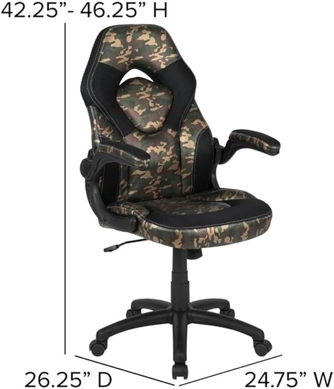 BOWERY HILL 2 Piece Gaming Desk Set, Black Laminate/Black Leather with Camouflage Mesh, Includes Raised Monitor Platform, Cup Holder, Headset Hook, Ergonomic High Back Chair for PC Gaming