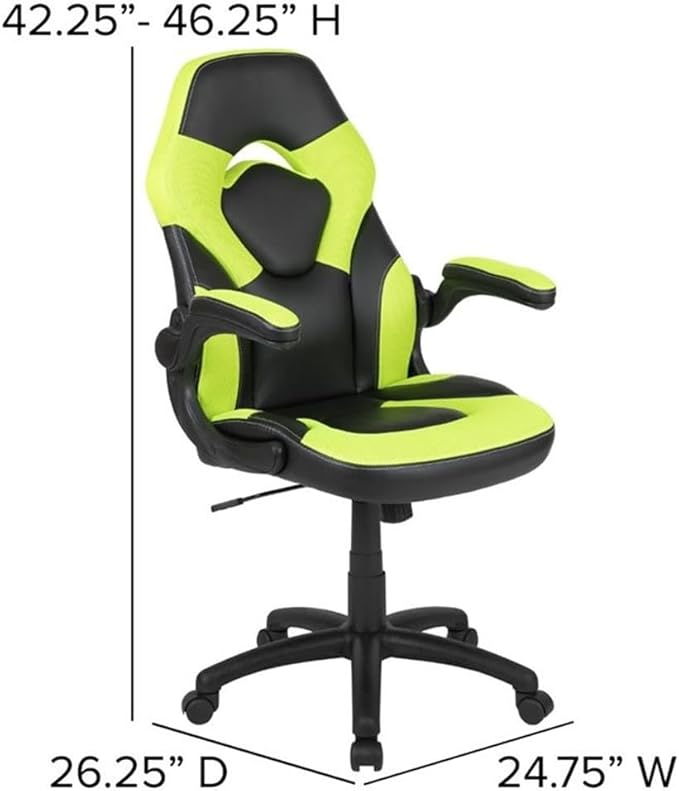 BOWERY HILL 2 Piece Gaming Desk Set, Z-Frame Red and Green Finish, Black Laminate Top, Includes Ergonomic High Back Chair with LeatherSoft Upholstery, Cable Management, Cup Holder, Dual Monitor