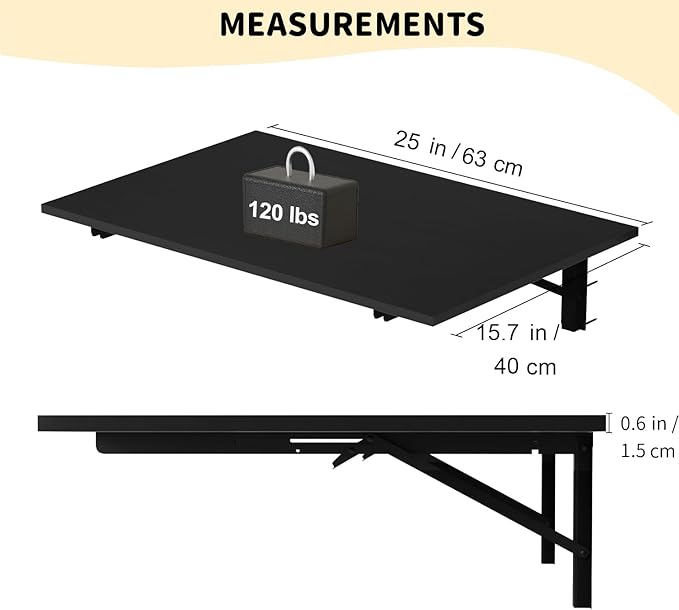 GOYLSER Wall Mounted Table Fold Down Workbench Length 25" Width 15.7", Laundry Floating Desk for the Garage/Shed/Office/Bar/Home Kitchen & Dining Room, Black