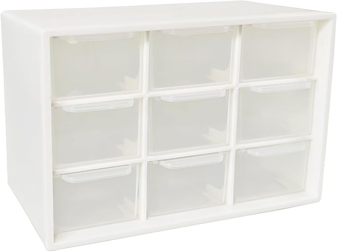 Small Drawer Organizer for Desk, 7.1" x 3.8" x 4.6" Mini Desktop Drawer Organizer with 9 Clear Drawers, Compact Craft & Office Supplies Organizer for Home School (White)