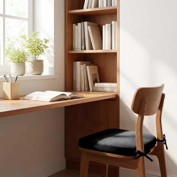 Chair Cushions Set of 2, D-Shaped Seat Cushion for Chair, Non Slip Chair Pads with Ties, 17" x 16" x 2", 40D Foam, Removable Washable Cover, Seat Cushions for Kitchen Chairs, Black