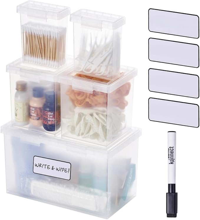 Bostitch Konnect Storage Containers with Lids, Clear Plastic Box, Stackable for Crafts, Home, and Office Organization, Labels, 5 Piece (1 4Qt Box, 21.5-Qt Boxes, 2 0.5-Qt Boxes)