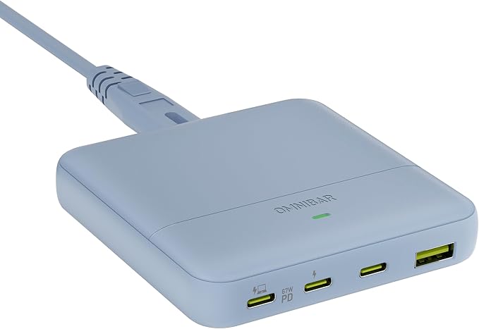 USB C Charging Station 67W, 4-Port Slim USB C Charger Block for iPhone 17/16/15, MacBook Air/Pro with 5ft Extension Cord, 3 USBC, 1 USB-A, Fast Charging Desktop Charger for Home Office Travel, Blue