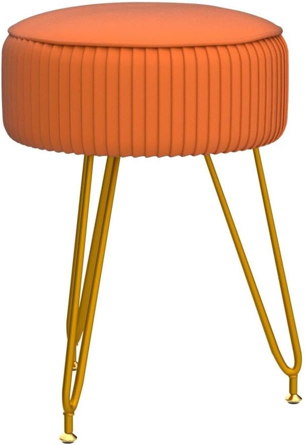 Velvet Vanity Stool, Modern Ottoman Foot Rest Stool with Adjustable Golden Legs, Makeup Chair for Vanity, Multifunctional Small Vanity Chair for Bedroom, Orange
