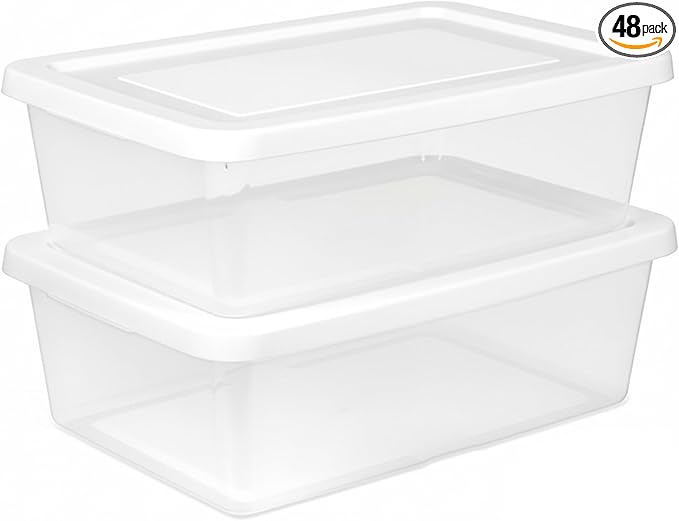 Sterilite 48 Pack Storage Box, 12 Quart Stackable Tote, Clear Plastic Container with Secure Snapping Lids for Home and Office Organization, White