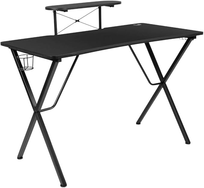 BOWERY HILL 2 Piece Gaming Desk Set, Black Laminate/Black Leather with Camouflage Mesh, Includes Raised Monitor Platform, Cup Holder, Headset Hook, Ergonomic High Back Chair for PC Gaming