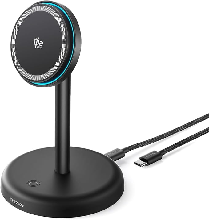 THREEKEY for Qi2 Certified 25W Magsafe Charging Stand with Cooling Fan & LED Light, Fast Wireless Charger Station for iPhone 17-12 Series/Galaxy S26-S25/Pixel 10【No Adapter】