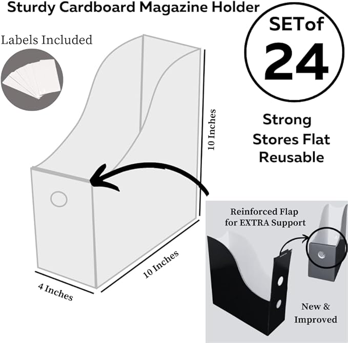 Evelots Magazine File Holder - Set of 24 White - Office Desk Organizer - Sturdy Cardboard - New Upgraded Double Front Panel for More Stability - Full 4 Inch Wide - Easy Assemble