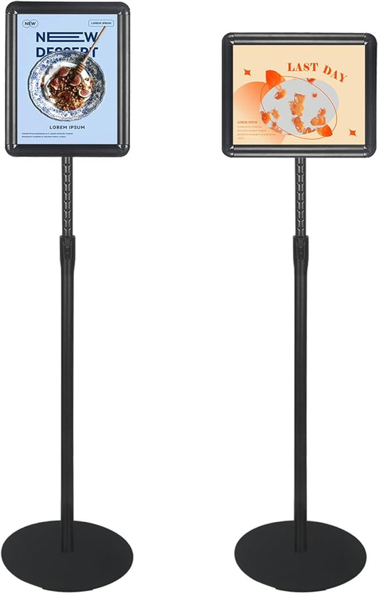HUAZI Sign Stand Holder 8.5×11-Inch Adjustable Floor Standing with Heavy Duty Base, Both Vertical & Horizontal View Displayed,Snap-Open Frame with Round Safety Corner for Indoor Outdoor,Black, 1PACK