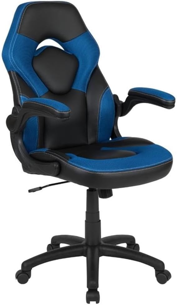 Bowery Hill 2 Piece Z-Frame Gaming Desk Set, 51.5 in Desk with Cable Management, Black Laminate Top, Red Powder-Coated Frame, Ergonomic Gaming Chair, Blue Mesh Inserts, for Home Office or Gaming Setup