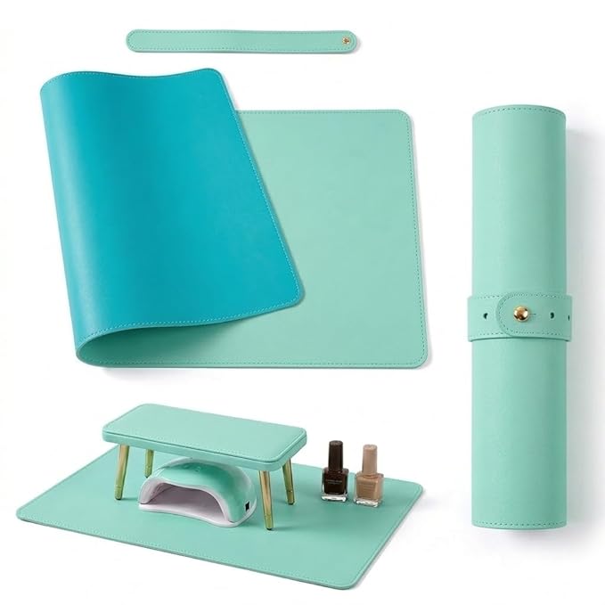 Double Sided Nail Art Table Mat, Soft Microfiber Leather Nail Hand Rest Mat, Waterproof Nail Arm Rest, Nail Mat for Manicure Table Nail Technician, for Desk, Dining Table, Green & Blue (MAT ONLY)