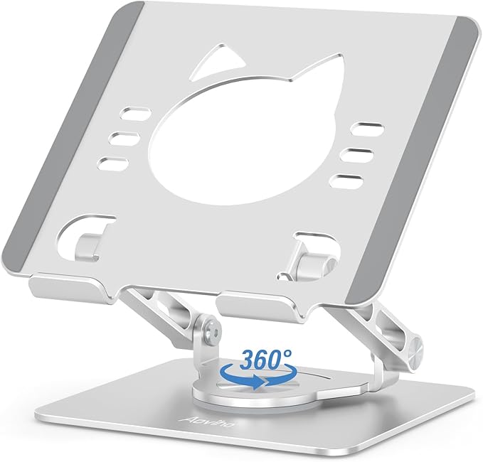 Aoviho Tablet Stand 360° Rotating Aluminum Holder, Adjustable, Portable and Foldable Monitors Stand for iPads, Compatible with 4-12.9" Tablets, Silver